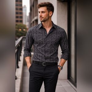 Armani Exchange A|X Men’s Fitted Button Down Shirt Black White Grid Pattern